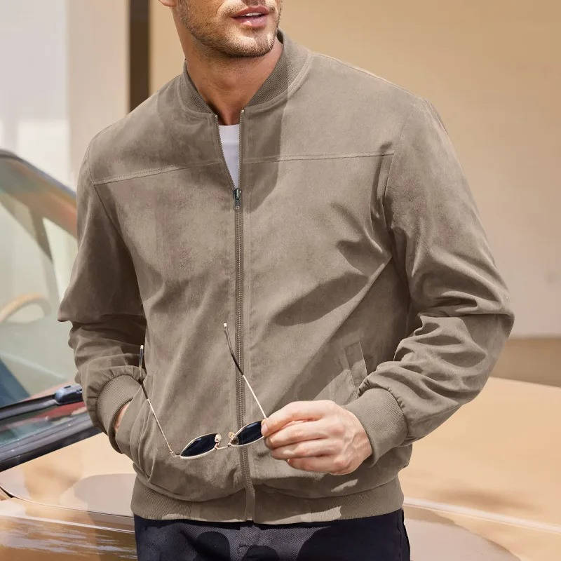 Men's light brown faux suede bomber jacket tailored slim fit with ribbed collar and cuffs