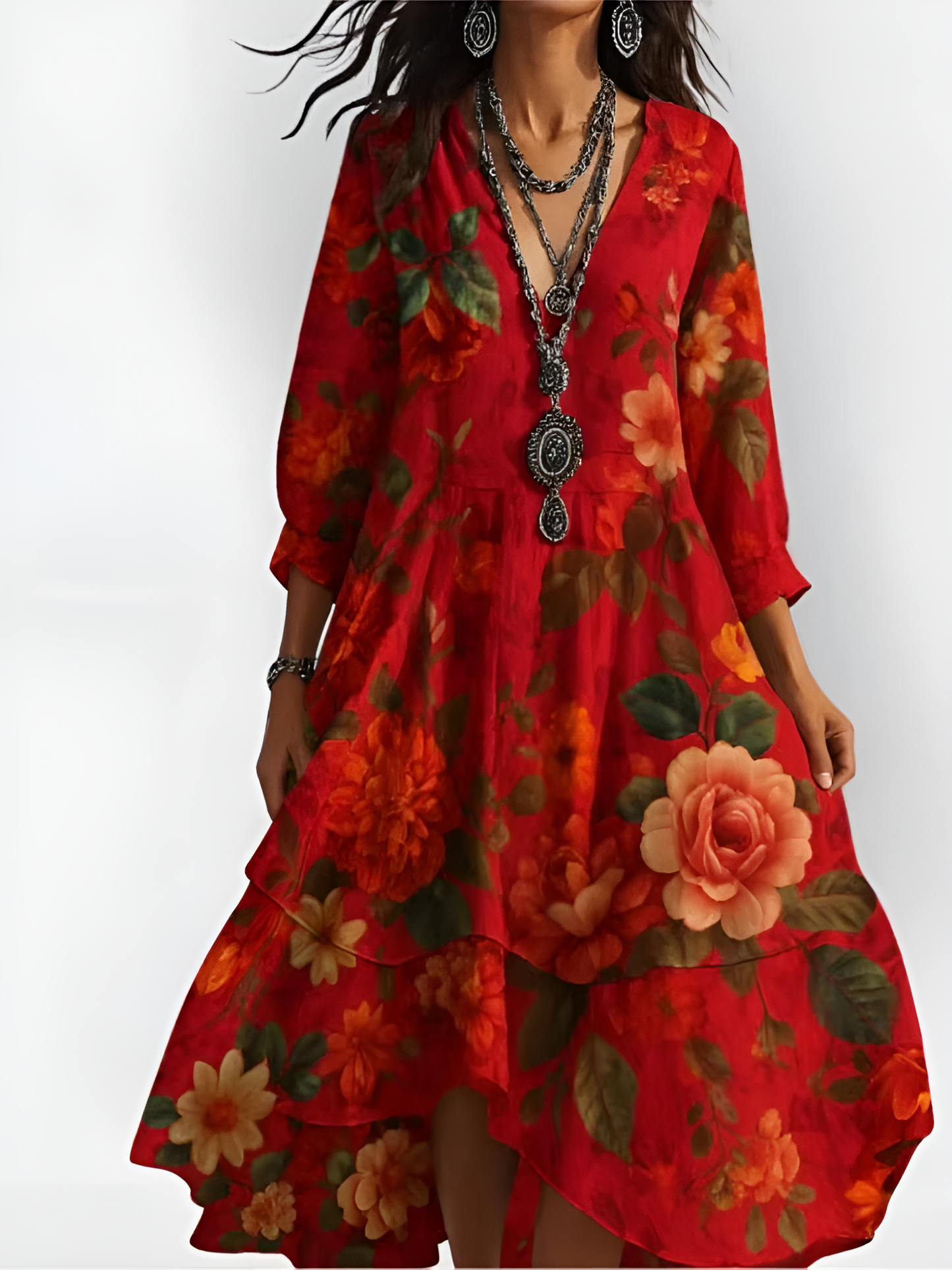 Women's floral boho maxi dress with V-neck, full sleeves, vintage print, knee-length silhouette