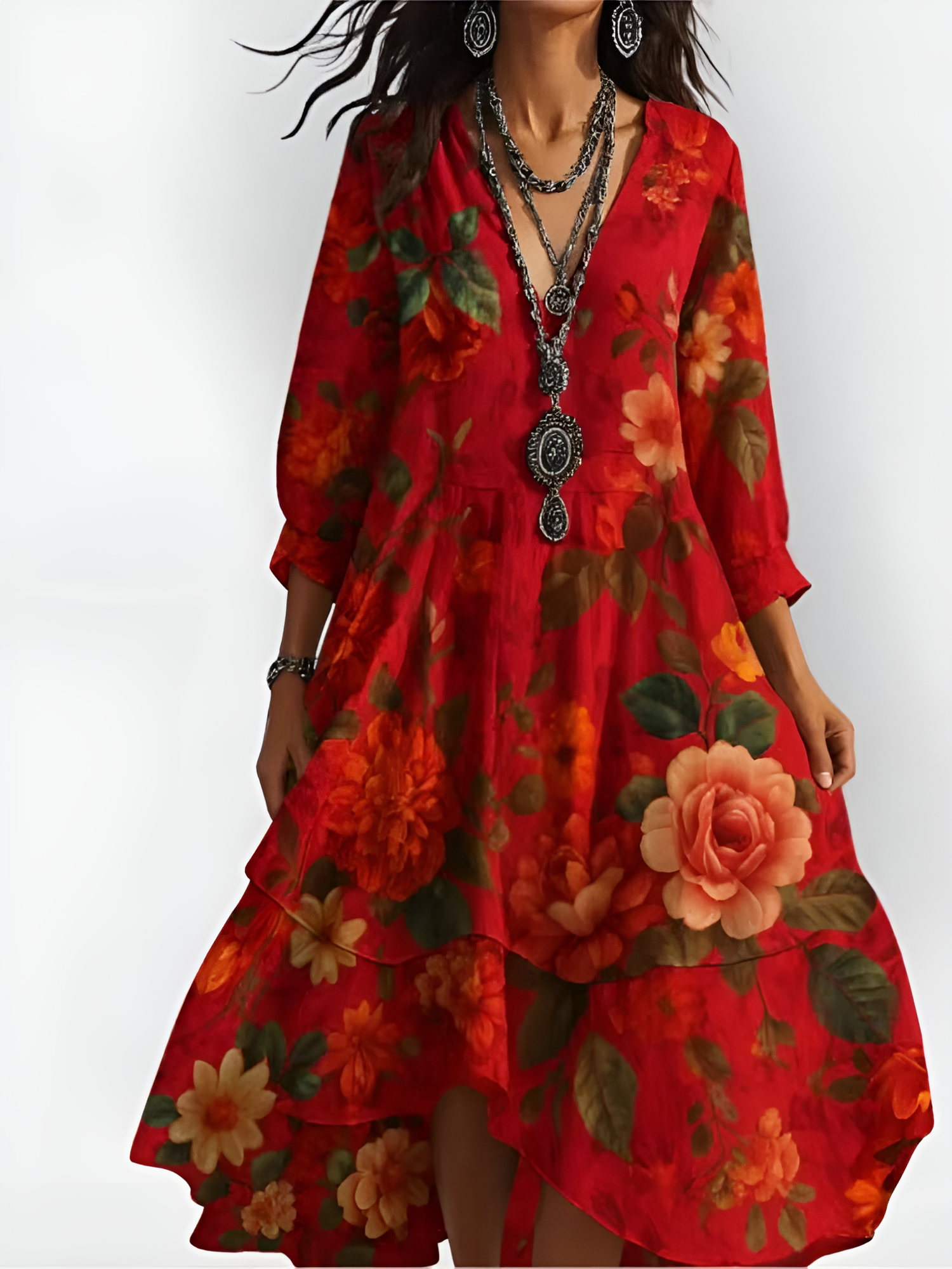 Women's floral boho maxi dress with V-neck, full sleeves, vintage print, knee-length silhouette