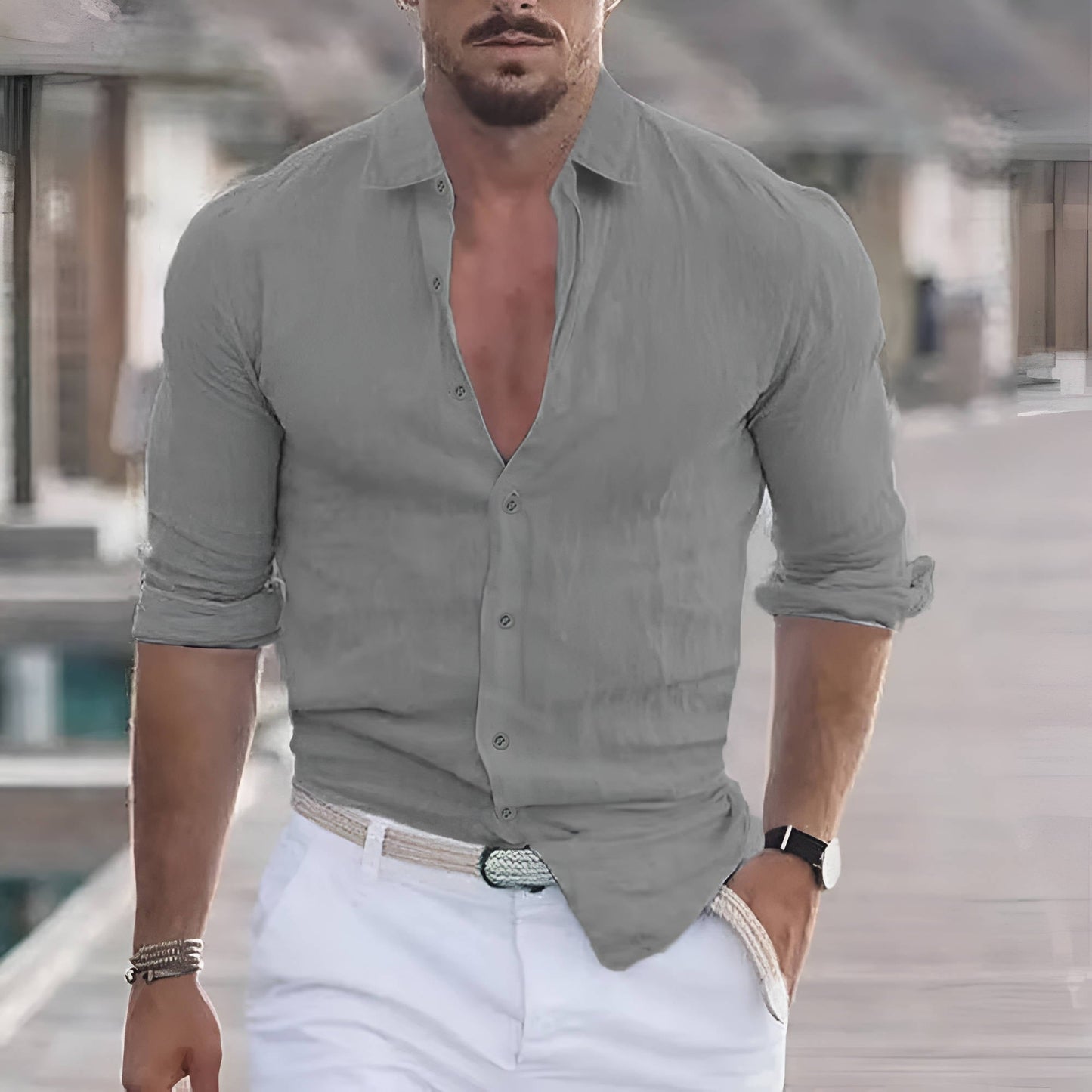 Men's white cotton-linen long-sleeve casual shirt, breathable slim fit for warm summer days