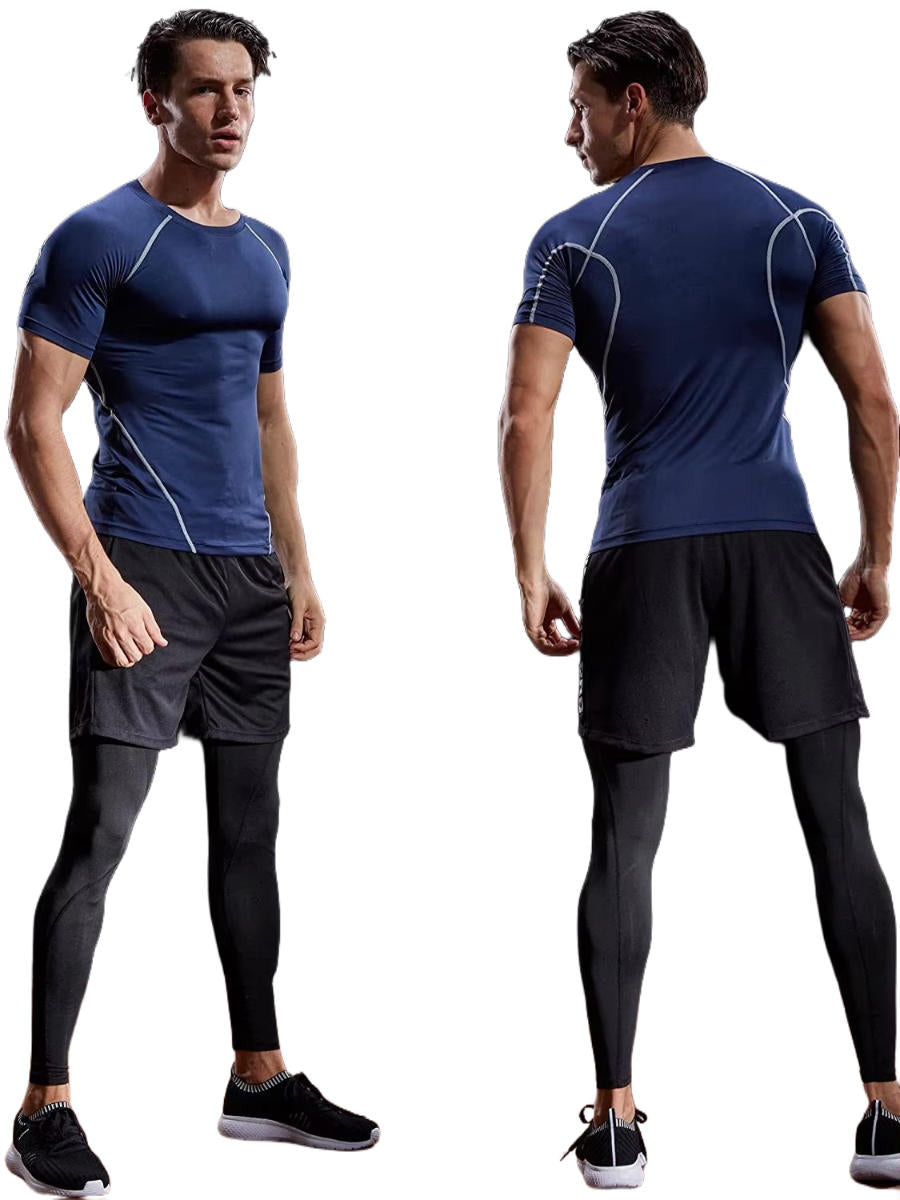 Men's black short sleeve compression training shirt with moisture-wicking fabric and athletic muscle-support fit