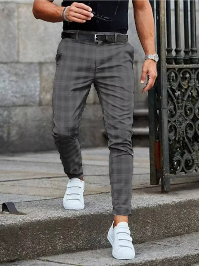 Men's relaxed straight-cut checkered pants in neutral tones with mid-rise fit and stretch comfort