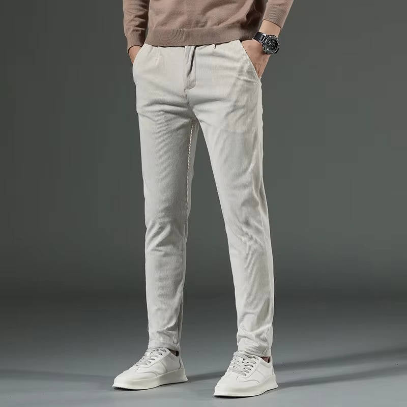 Grey slim fit men's corduroy pants with tailored seat and thighs for work and weekend wear