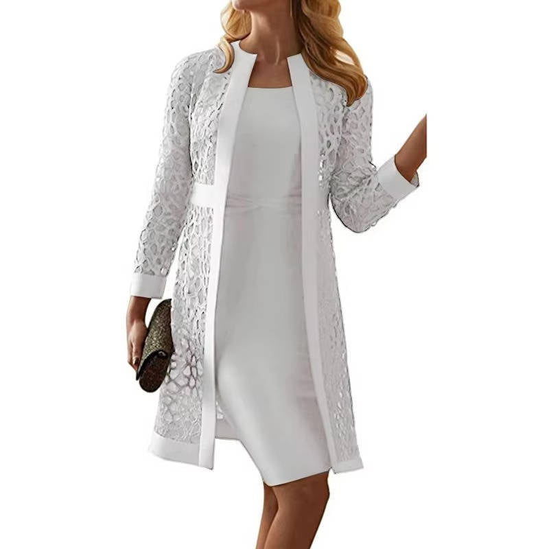 Elegant knee-length sheath dress with floral lace jacket two-piece mother of the bride outfit