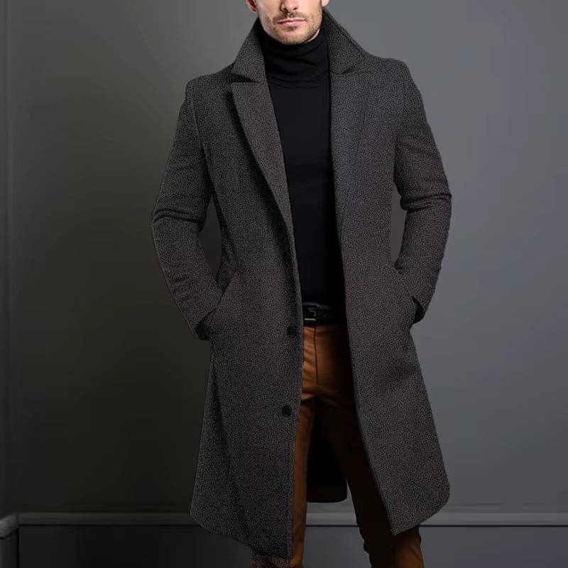 Men's wool single-breasted long overcoat in classic cut, tailored for modern professional formal wear