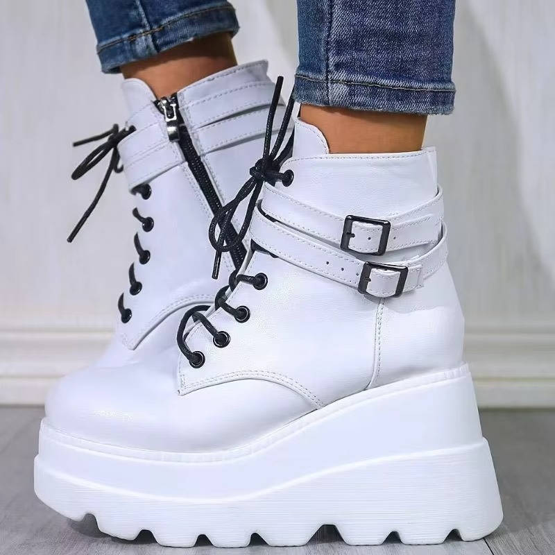 Women's black goth platform combat boots lace-up high heel chunky sole edgy vegan leather style