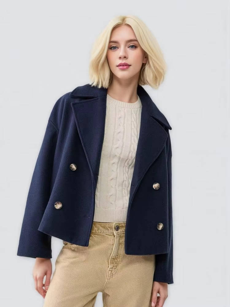 Women's cropped peacoat double-breasted tailored outerwear chic work-to-weekend style