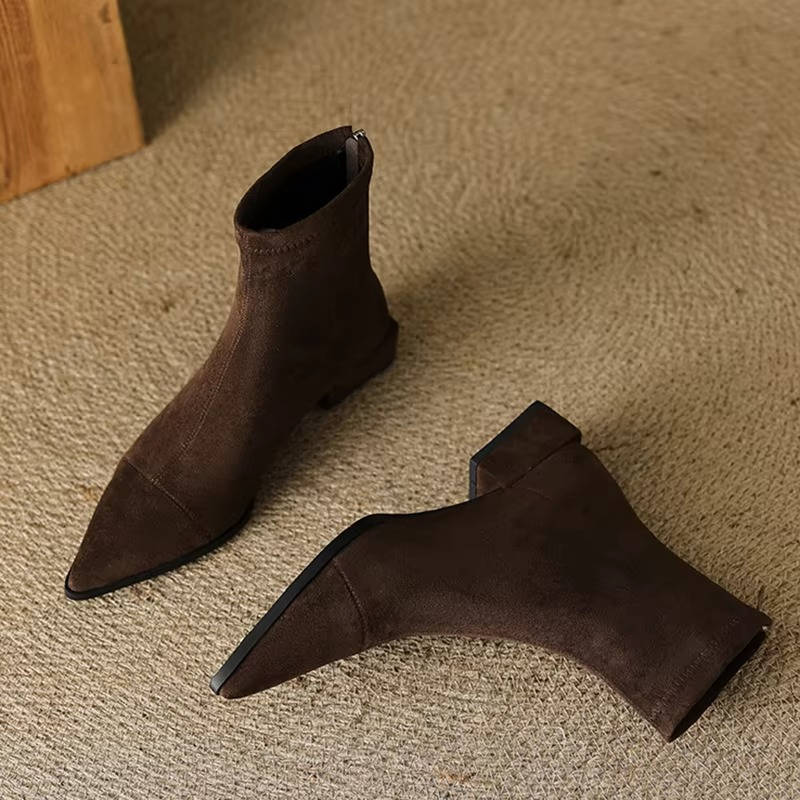 Urbann-Vibe women's brown suede ankle boots low square heel slip-on everyday comfort work style