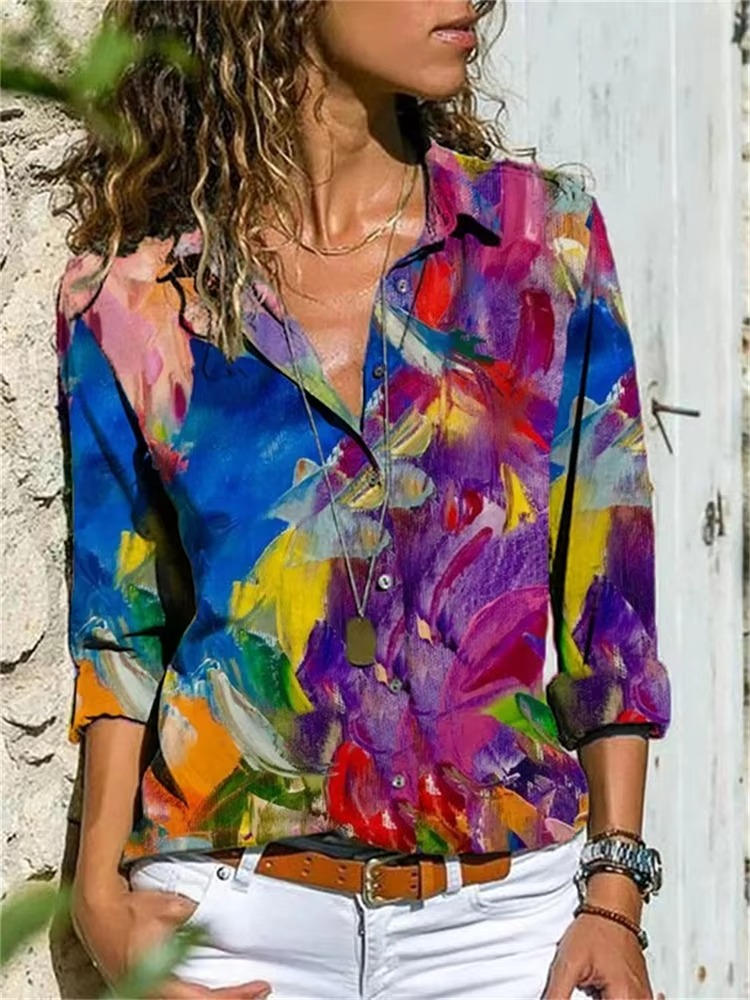 Petra | Women's Geometric Print Long Sleeve Button Down Shirt