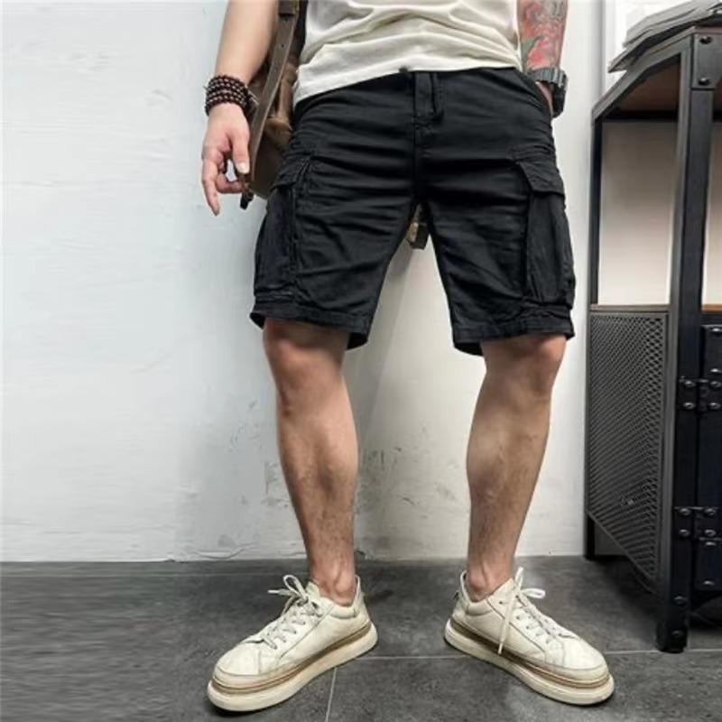 Men's lightweight cotton cargo shorts straight-cut silhouette with six snap-closure pockets everyday summer wear