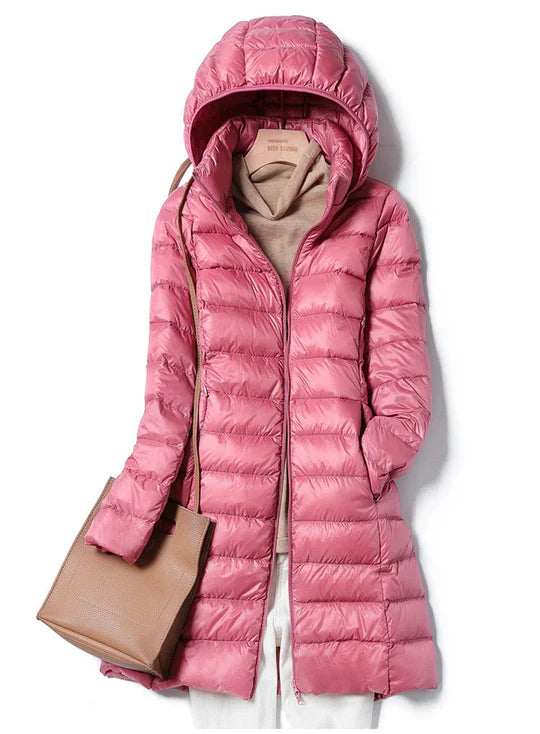 Seda ultralight hooded winter jacket, packable puffer silhouette with warm insulated filling for outdoors