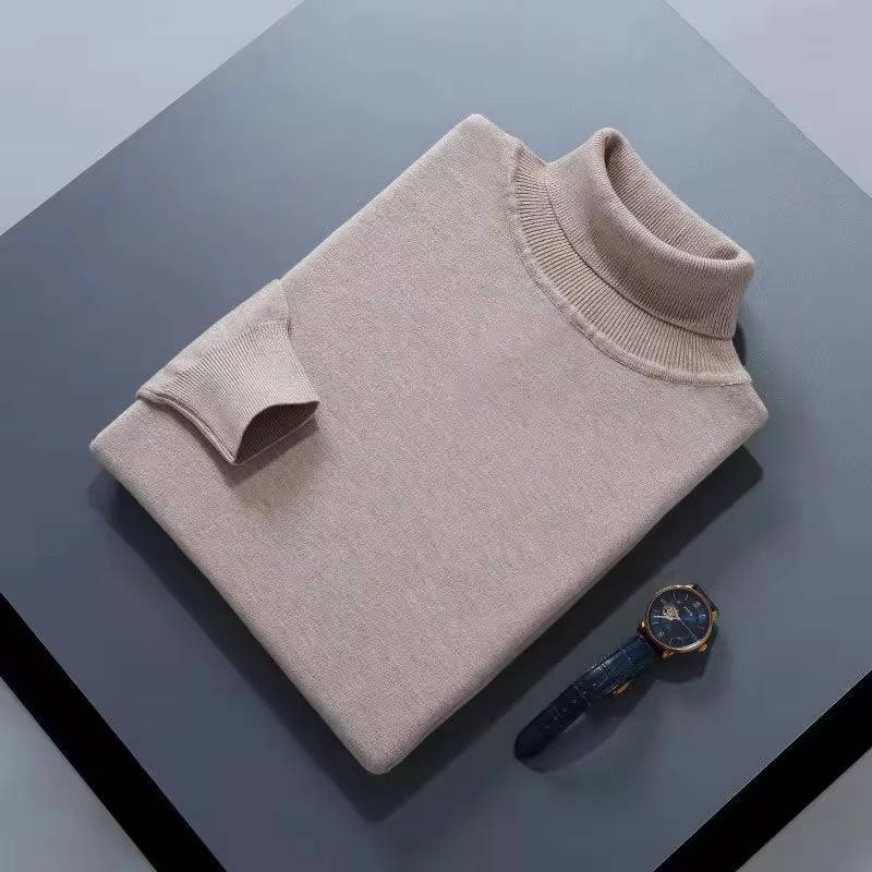 Men's slim fit cashmere turtleneck sweater luxury knit with fold-over collar smart casual style