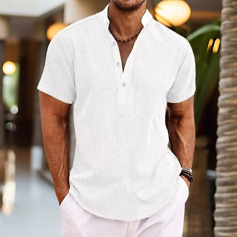 Men's light gray linen henley shirt short sleeve breathable lightweight casual everyday essential