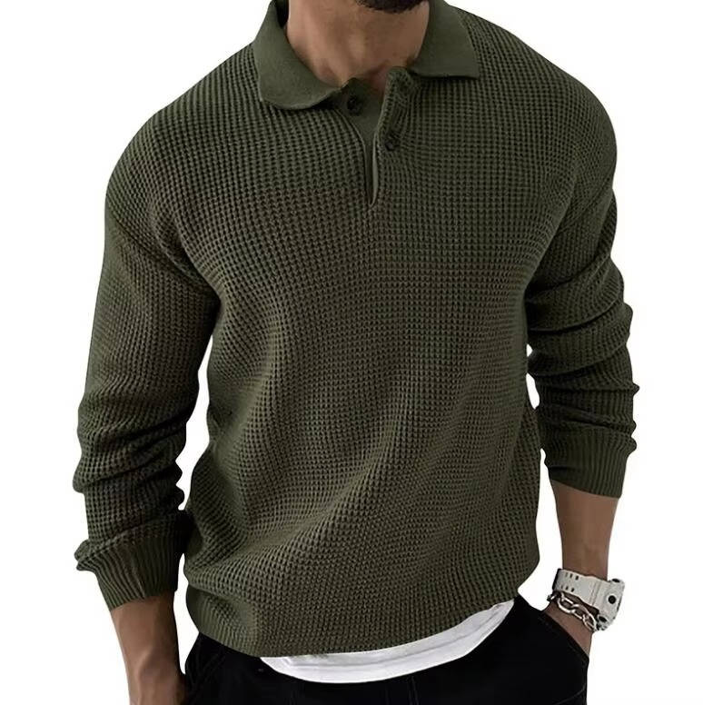 Men's waffle knit long sleeve sweater in neutral tones, relaxed fit with raised texture pattern