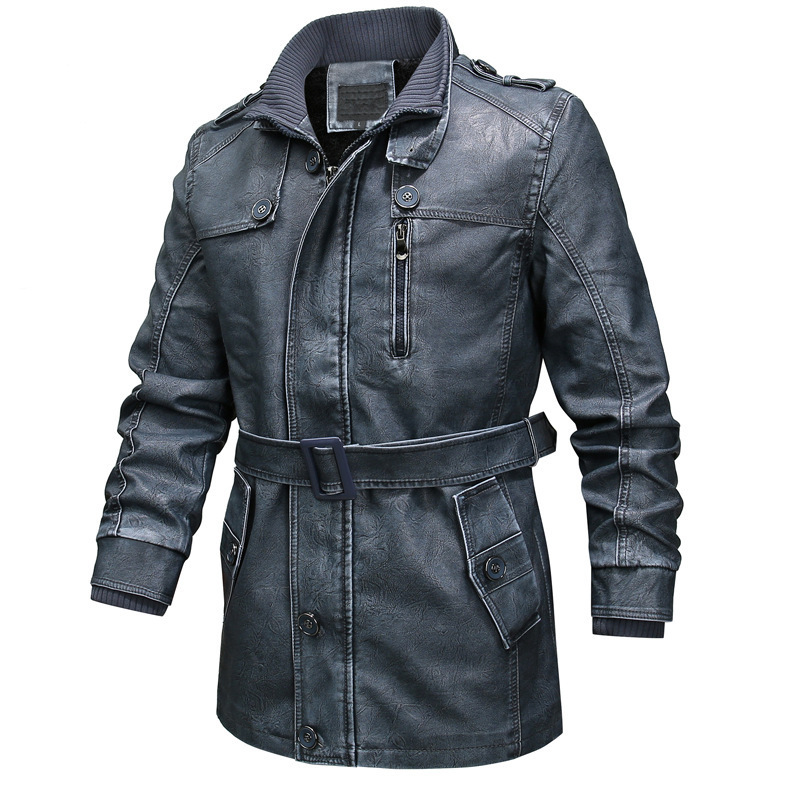 Men's washed leather look trench coat plush lined belted waist asymmetrical zip urban style