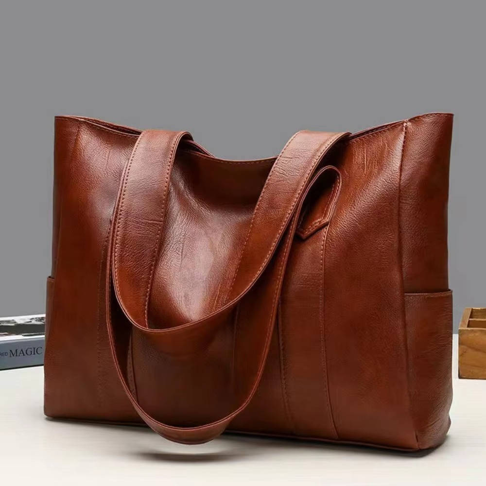 Women's vintage PU leather tote bag spacious 15-inch laptop capacity durable work weekend style