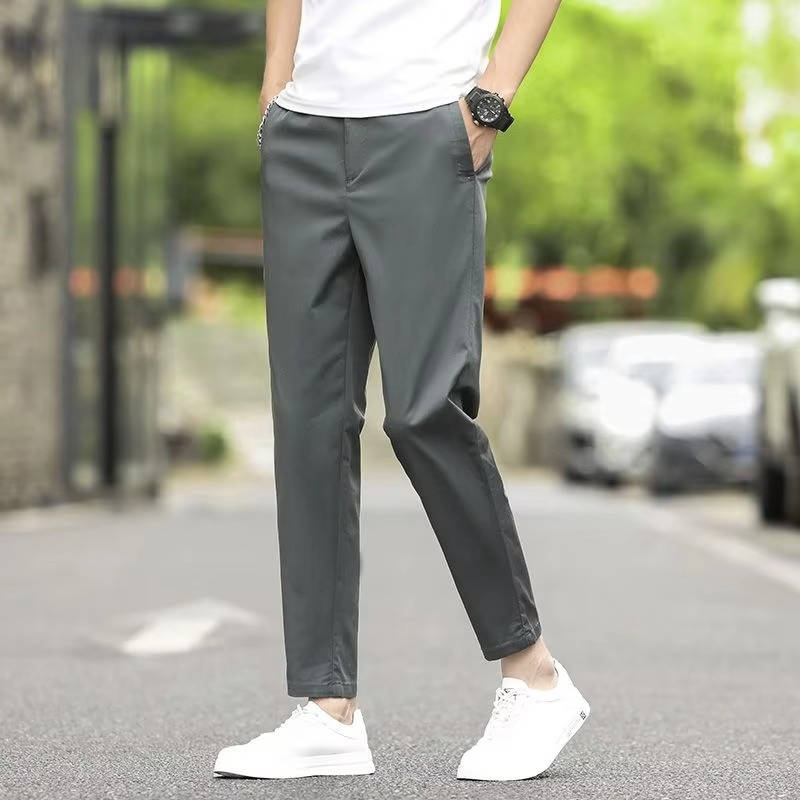 Men's navy ankle straight fit chino pants with elastic waistband, smart casual stretch polyester design