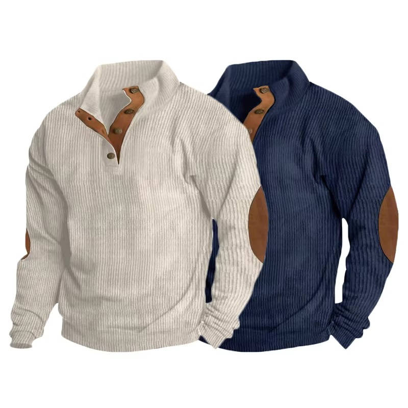 Men's gray knit pullover sweater with button neck collar and contrast elbow patches, classic fit