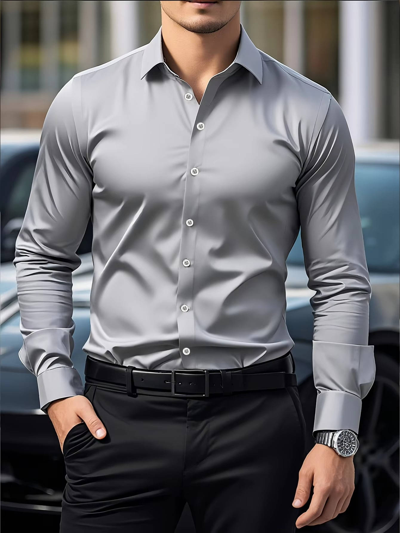 Men's burgundy slim fit stretch cotton dress shirt with long sleeves and crisp tailored profile