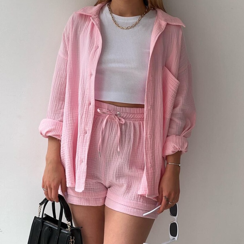 Women's lightweight cotton button-up shirt and shorts set with elastic waist, relaxed fit everyday two-piece