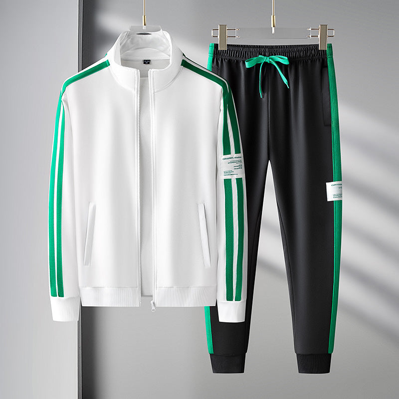 Men's two-piece tracksuit set with full-zip jacket, matching pants, and contrast side stripes for sporty style