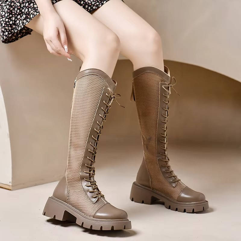Women's black lace-up knee high boots with adjustable closure for all-day comfort