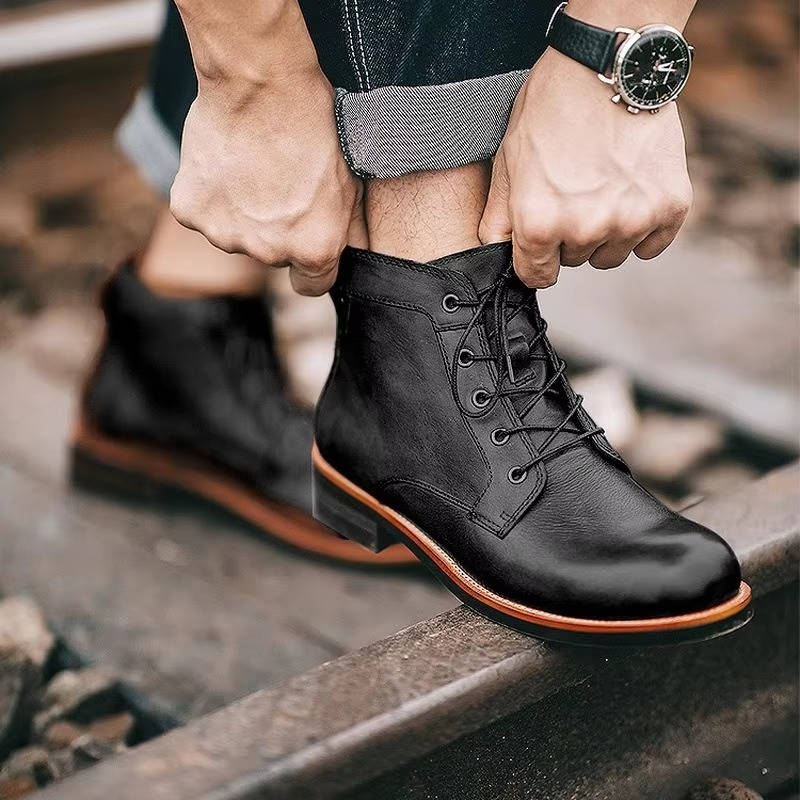 Men's brown PU leather lace-up ankle boots classic style with memory foam cushioned insole