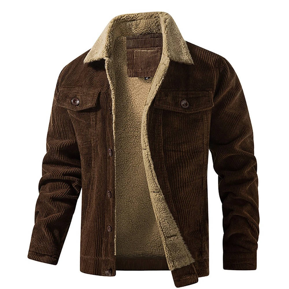 Men's brown corduroy sherpa jacket with plush fleece lining, relaxed fit, wind-resistant shell