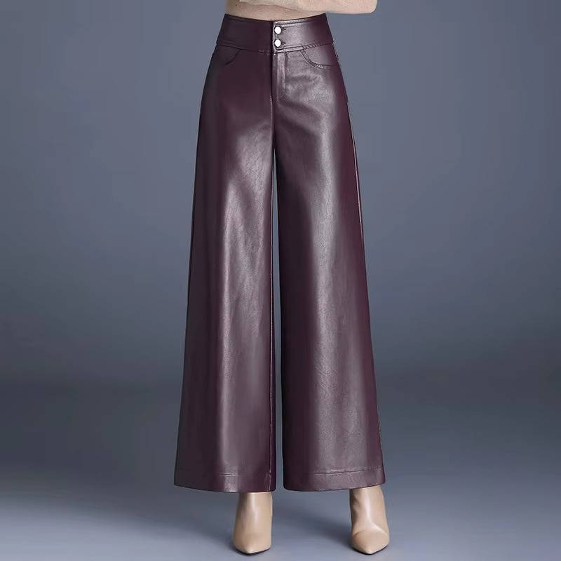 Women's high-rise wide leg faux leather pants with subtle stretch, lightweight and sleek