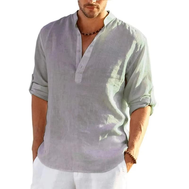 Men's linen Henley shirt rolled sleeves breathable lightweight casual summer style relaxed fit