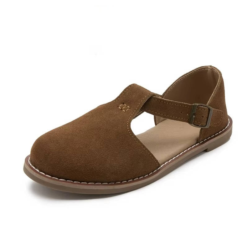 Women's taupe suede T-strap ballet flats with frosted texture finish and artisan embroidery detail
