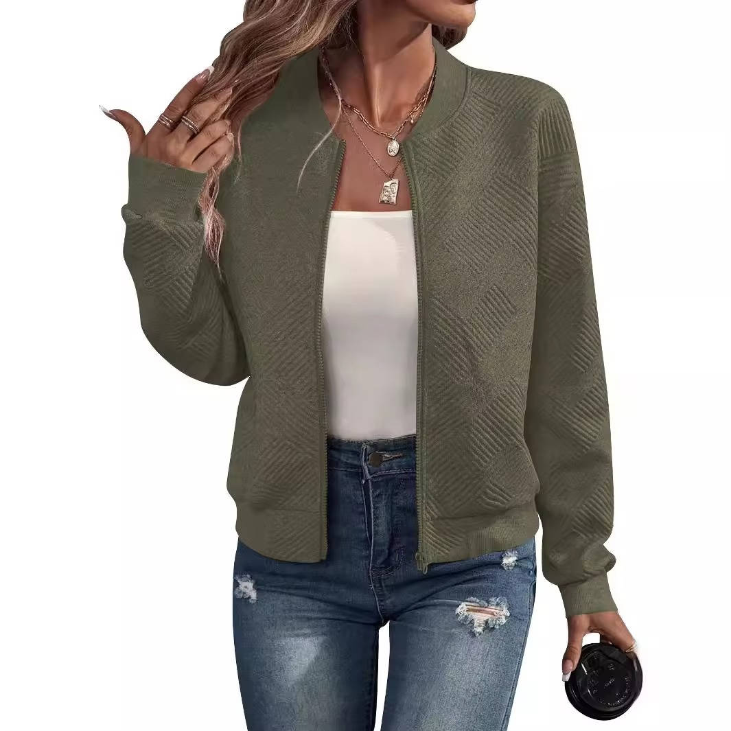 Women's lightweight collarless zip-up bomber jacket in solid color, polished everyday style
