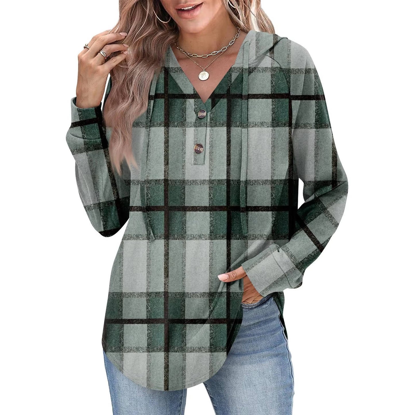 Women's relaxed-fit v-neck button hoodie sweatshirt in casual everyday style with adjustable button detail