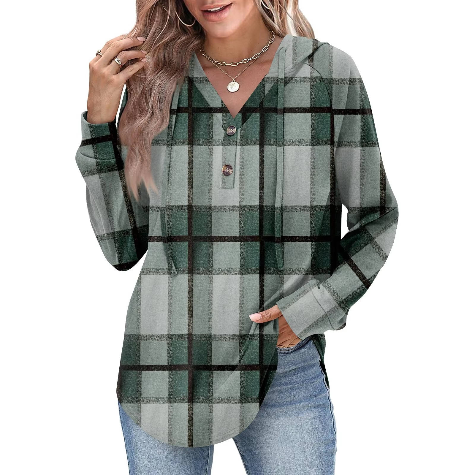 Women's relaxed-fit v-neck button hoodie sweatshirt in casual everyday style with adjustable button detail