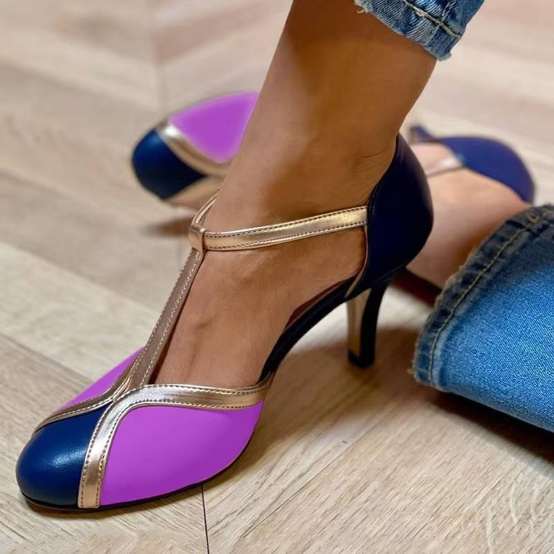 Women's vintage T-strap open-toe heels in retro style with adjustable instep strap for work or evening