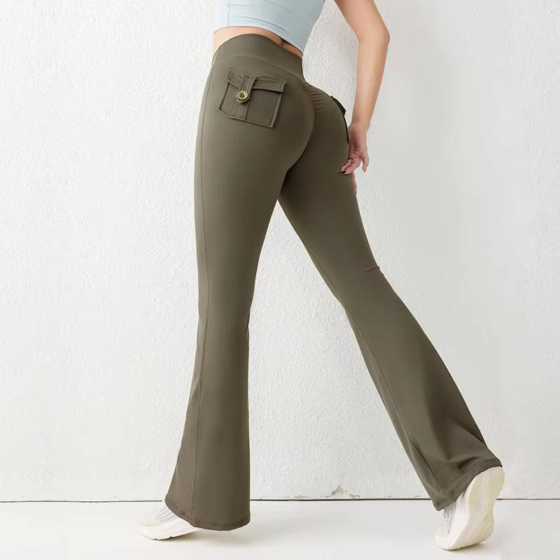 Women's high waist flared leggings with pockets, secure fit for yoga and running