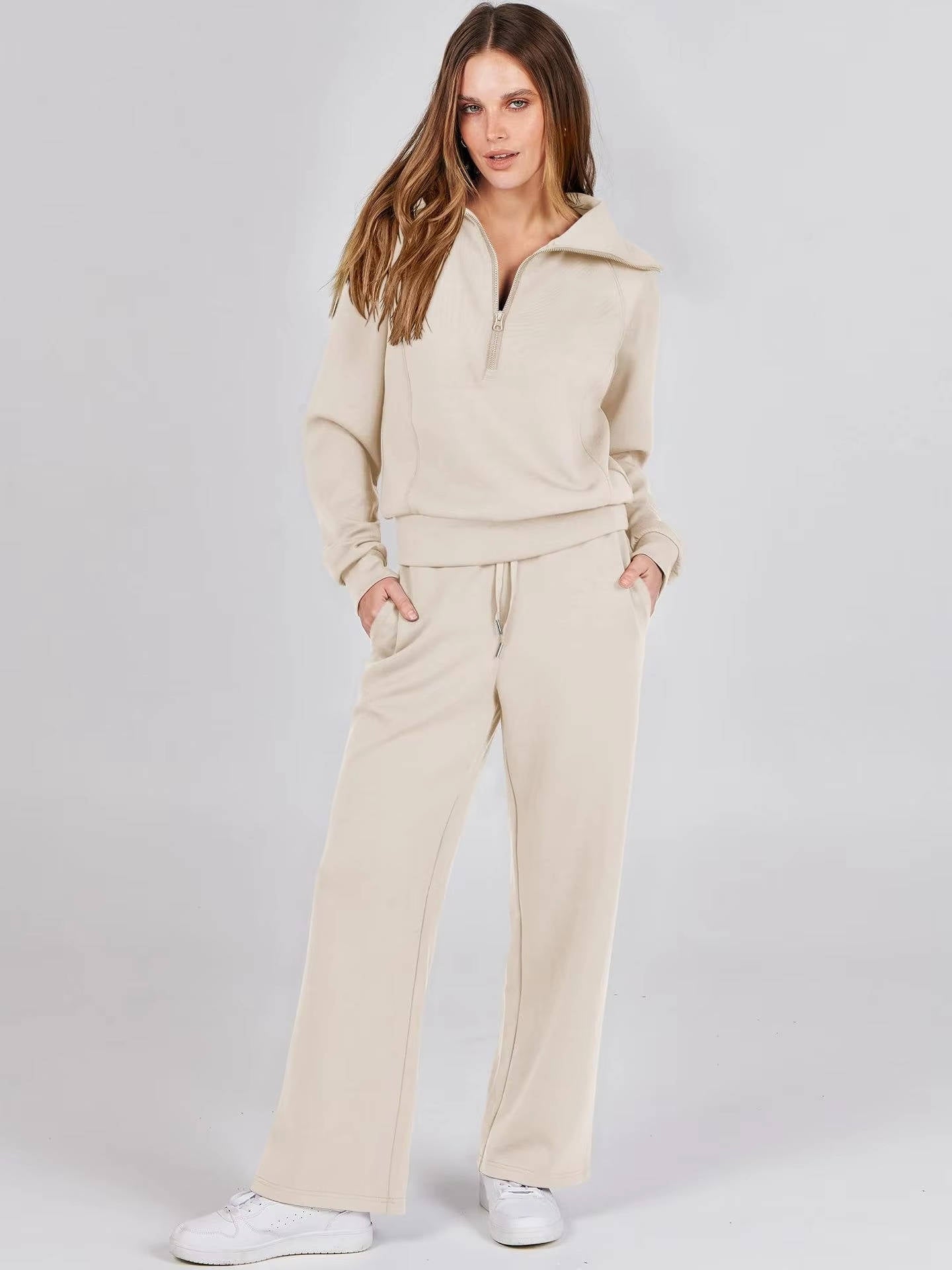 Women's two-piece lounge set half-zip v-neck sweatshirt wide-leg high-waist pants casual comfort style