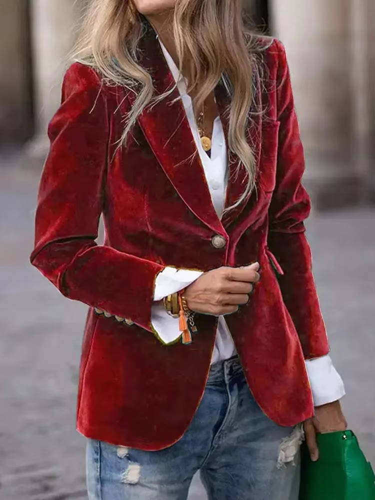 Women's deep velvet blazer tailored slim cut with luxurious soft drape for work or evening