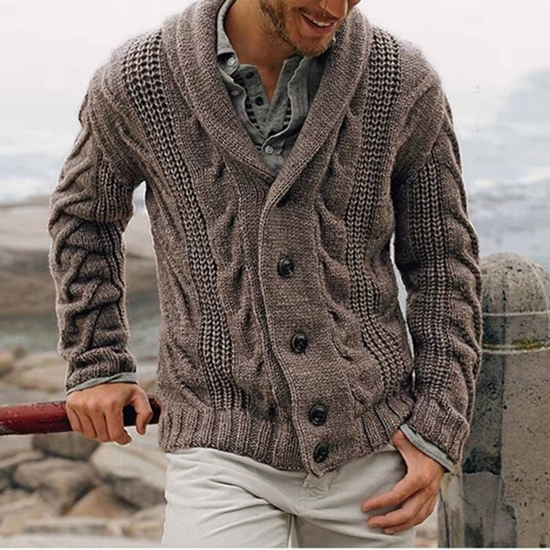 Men's cable knit button-front cardigan sweater in classic colors, moisture-wicking acrylic blend for office