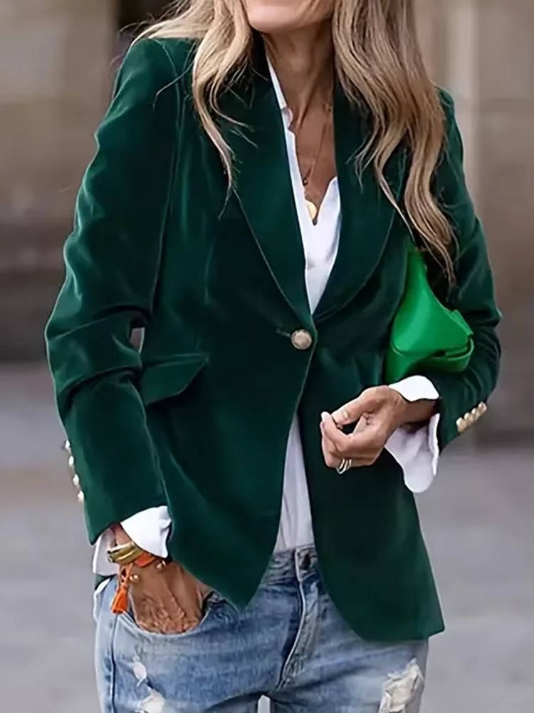 Women's deep velvet tailored blazer with luxurious drape, sleek silhouette, workwear to evening versatility