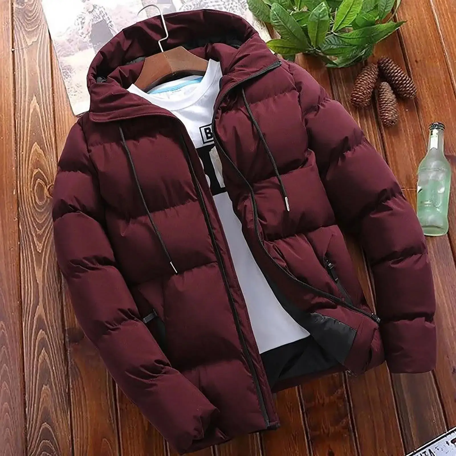 Men's padded parka jacket regular fit wind-resistant hood with drawstring casual outdoor warmth