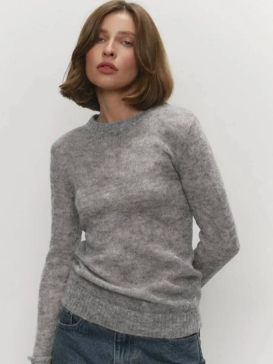 Women's lightweight semi-sheer mohair knit sweater O-neck pullover in neutral tone for layering