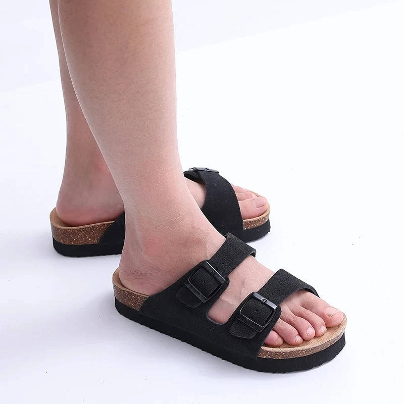 Cork footbed sandals double buckle straps unisex casual style natural arch support