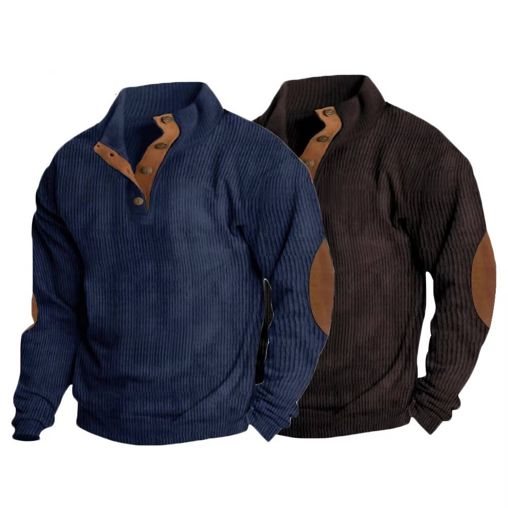 Men's gray button neck pullover sweater classic knit elbow patches modern slim fit heritage style