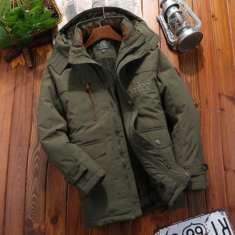 Men's loose fit hooded winter coat with plush lining, mid-thigh length, versatile pockets