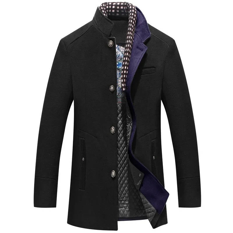 Men's navy blue wool coat stand-up collar zip pockets professional outerwear durable warmth