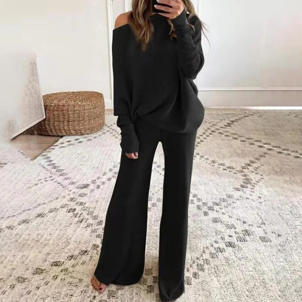 Women's soft knit loungewear set one-shoulder oversized top wide-leg pants relaxed two-piece