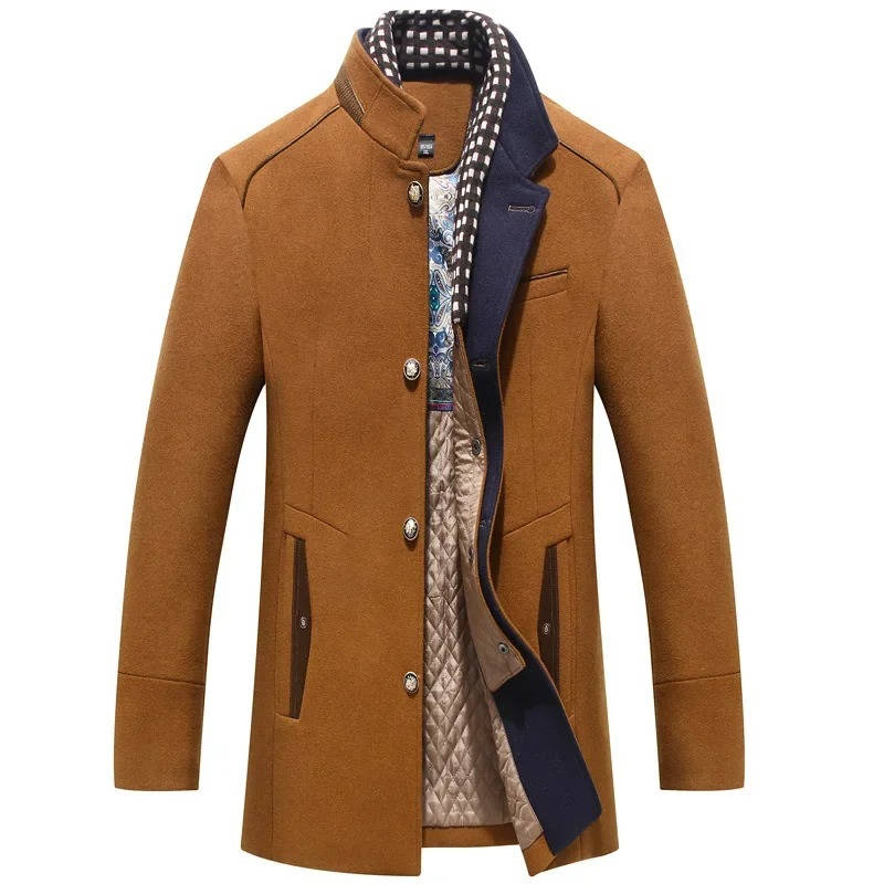 Men's navy blue wool coat stand-up collar zip pockets professional slim outerwear durable warmth