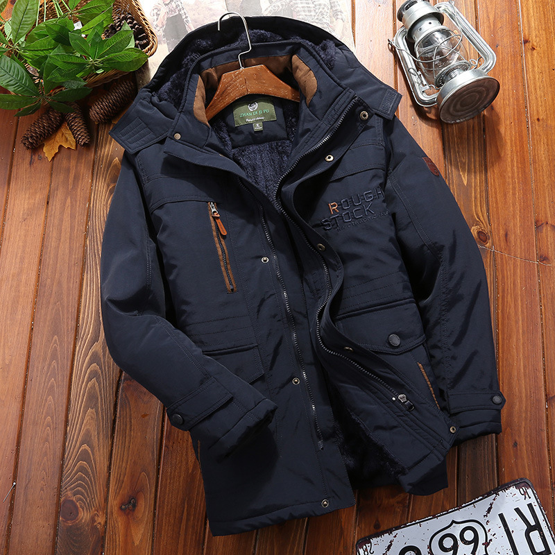 Men's hooded winter coat loose fit mid-thigh plush lining warm casual versatile pockets outdoor