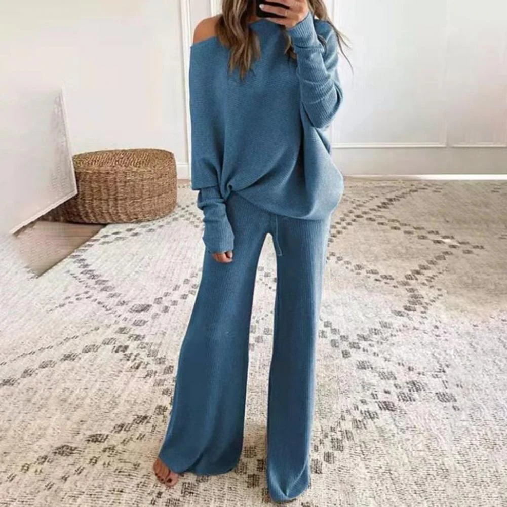 Women's soft knit one-shoulder loungewear set oversized wide-leg pants casual two-piece